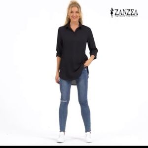 zanzea women black long sleeve shirt blouse casual oversized v neck high